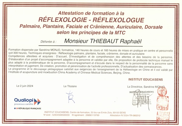 Diplôme de réflexologie Raphaël Thiebaut